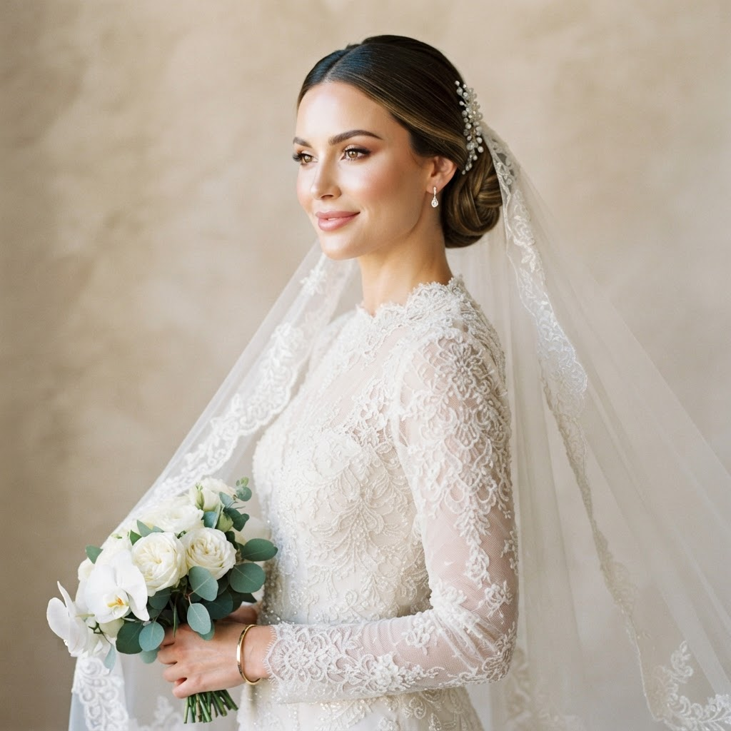 Noiva com maquiagem elegante e véu